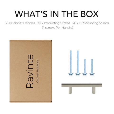 35 Pack 5 Inch Brushed Nickel Cabinet Pulls, screws, and box labeled 'Ravinte' for modern cabinets and wardrobes.