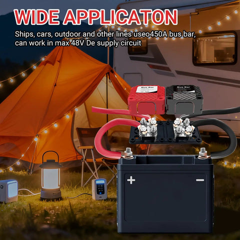 Built Different Heavy Hitter 450A 48V DC Bus Bar Terminal Block 2 Pack M10 Studs in use with outdoor battery setup.