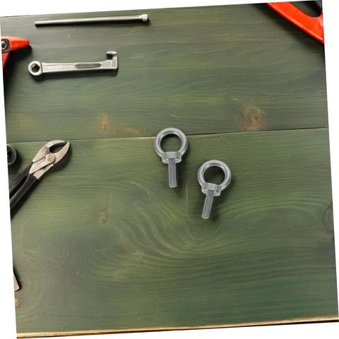 Built Tough Beefy Heavy Duty Stainless Steel Eye Bolt M6x20 With Closed Ring And Hole, Deep Threaded Mount, Includes Flat Washer, Spring Washer And Nylon Nut, Rugged Rigging Hardware For Hoists, Anchors, And Outdoor Installations. M6 eye bolts on green wood
