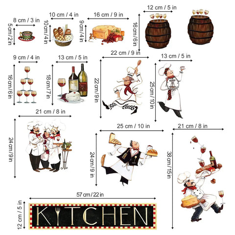 Chef Kitchen Wall Decals Set With Wine And Food Quotes, No Fuss Peel And Stick Wall Stickers for Kitchen Decor, Various Chef Designs