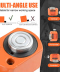 Orange 10-ton hydraulic cylinder jack with CP-180 manual pump; close-up of top piston.