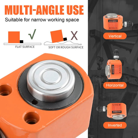 Orange 10-ton hydraulic cylinder jack with CP-180 manual pump; close-up of top piston.