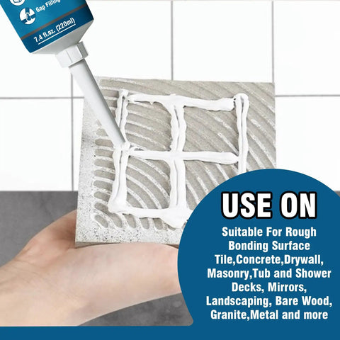 Heavy Duty Construction Adhesive For Concrete, Tile, Stone, Wood And More, Super Strong Cement Glue In A 7.4 Ounce Squeeze Tube applying on tile