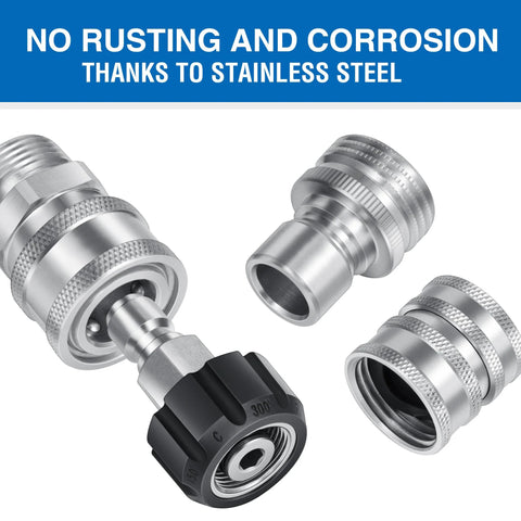 Stainless steel pressure washer quick-connect fittings with M22 swivel to 3/8 in and 3/4 in quick-release adapters.