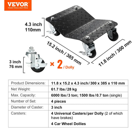 Heavy Duty Car Wheel Dollies Moving Cart With Locking Brakes Rock Solid Vehicle Hauler 15.2 x 11.8 inch dolly with 3 inch casters.