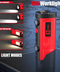 Red magnetic work light with 650 lumen output, featuring 2-in-1 flashlight design, compatible with Milwaukee 12V battery, shown in four light modes.