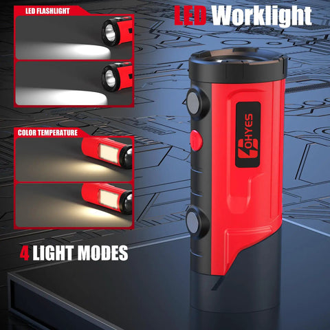 Red magnetic work light with 650 lumen output, featuring 2-in-1 flashlight design, compatible with Milwaukee 12V battery, shown in four light modes.