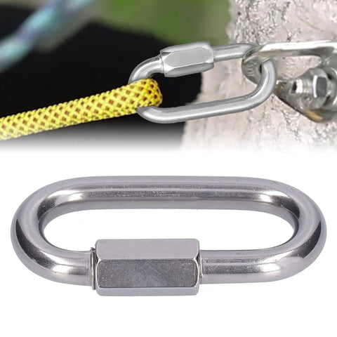 Stainless Steel Quick Link Connectors Set, Heavy Duty Threaded Carabiner Style Chain Links For Outdoor Gear, M4 Size Installed on Tree