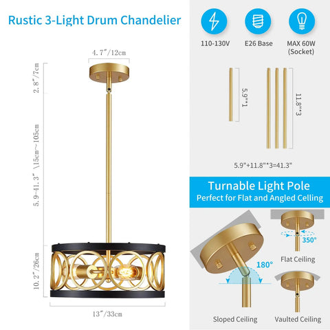 Diagram of Three Light Modern Pendant Chandelier For Dining Room Living Room Kitchen Island Height Adjustable Metal Black And Gold Fixture
