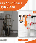Before and after comparison showing a cluttered area with a ladder and a tidy space using a Beefy 12 Inch Square Tubing Slatwall Shelf Bracket Kit.