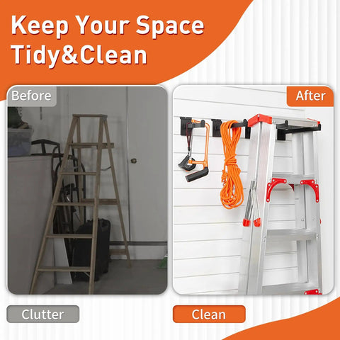 Before and after comparison showing a cluttered area with a ladder and a tidy space using a Beefy 12 Inch Square Tubing Slatwall Shelf Bracket Kit.