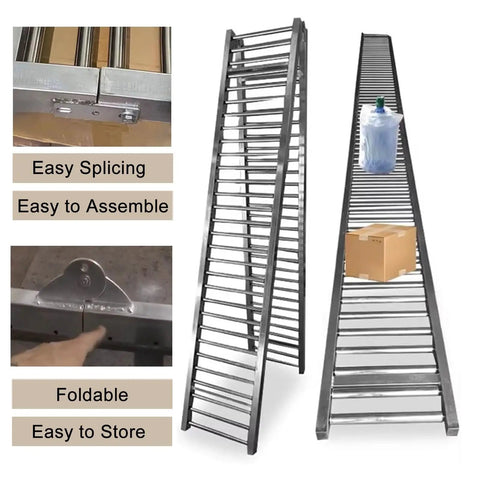 Super Heavy Duty 24 Inch Extra Wide Stainless Steel Roller Conveyor System That Folds Up Easy For Woodworking Shops, factories, and DIY bosses with items on conveyor.