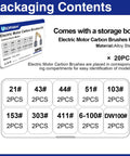 Packaging of 20Pcs Electric Motor Carbon Brushes Set For Replacement In Power Tools Fits Circular Table Saw Angle Grinder And Electric Hammer Drill 10 Models For Durable Conductivity And DIY Ready Performance, showing storage box with compartments labeled by brush model numbers.