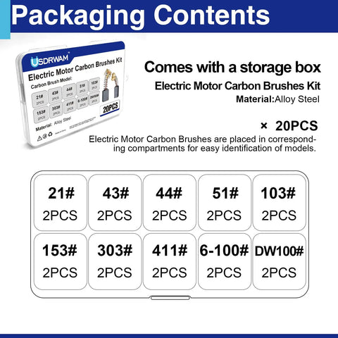 Packaging of 20Pcs Electric Motor Carbon Brushes Set For Replacement In Power Tools Fits Circular Table Saw Angle Grinder And Electric Hammer Drill 10 Models For Durable Conductivity And DIY Ready Performance, showing storage box with compartments labeled by brush model numbers.