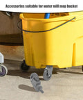 4 Piece Heavy Duty Rubber Swivel Caster Wheels With Threaded Stem And Spring Loaded Setup For Slick Rolling On Mop Buckets Trash Dolly Furniture Carts Grey attached to a yellow mop bucket.