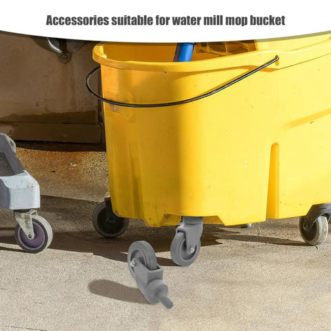 4 Piece Heavy Duty Rubber Swivel Caster Wheels With Threaded Stem And Spring Loaded Setup For Slick Rolling On Mop Buckets Trash Dolly Furniture Carts Grey attached to a yellow mop bucket.
