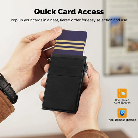 Person holding Go To Slim Pop Up Card Holder Wallet For Men With RFID Blocking And Money Pocket Minimalist Metal Card Case