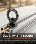 Heavy Duty Black M8 T Track Tie Down Anchors with thickened eye ring securely mounted on a T-track crossbar.