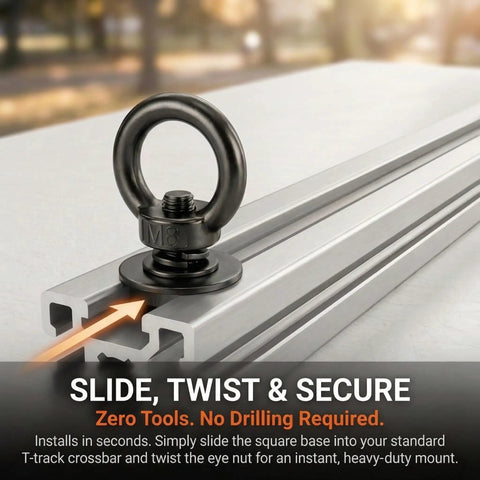 Heavy Duty Black M8 T Track Tie Down Anchors with thickened eye ring securely mounted on a T-track crossbar.