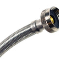 Close-up of Braided Stainless Steel Water Inlet Hose With Three Quarters Inch MGH To Three Quarters Inch FGH, One Foot, showing connector