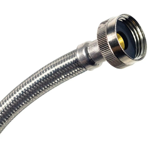 Close-up of Braided Stainless Steel Water Inlet Hose With Three Quarters Inch MGH To Three Quarters Inch FGH, One Foot, showing connector