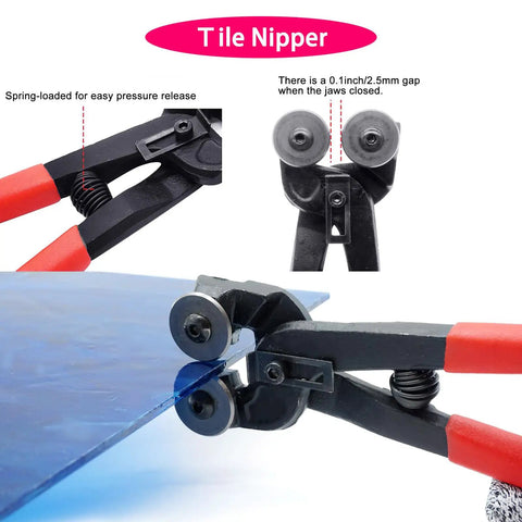 Must Have Complete Glass Cutting Tool Set Kit With 8 Inch Tile Nippers cutting blue glass sheet, with red handles, close-up view