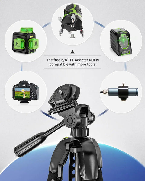 Ultimate Laser Level Tripod With 56 Inch Extendable Height For Line And Point Lasers One Quarter Inch And Five Eighth Inch Thread Mount Quick Release Plate Multi Function Hook Non Skid Feet Ideal For Laser Distance Measures And Cameras TPD14 black tripod with 5/8-11 adapter, quick release plate and camera mount