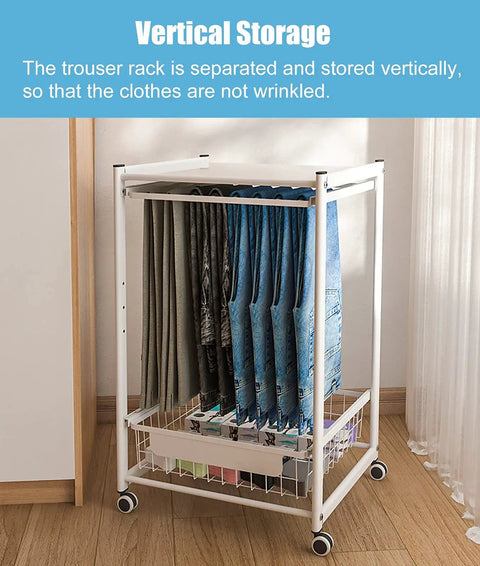 Heavy Duty Steel Rolling Pants Hanger Cart For Compact Closets Featuring Smooth Glide Rails That Pull Out Jeans Straight Up Hassle Free With Locking Casters And Built In Drawer Storage For Everyday Organization