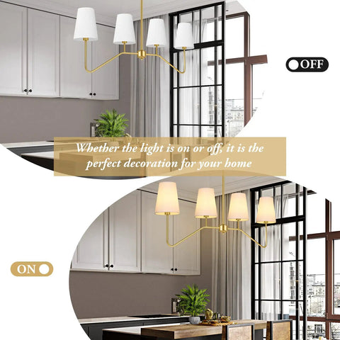 4-Light Gold Linear Chandelier Over Kitchen Island And Dining Table, Modern Pendant Lighting With White Fabric Shades, E12 Base, Bulbs Not Included; on and off settings