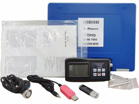 Vibe Meter Vibrometer For Machinery With RS232 Software And USB Cable Measures 0.01 To 400 mm/s kit with sensor, cables, and case