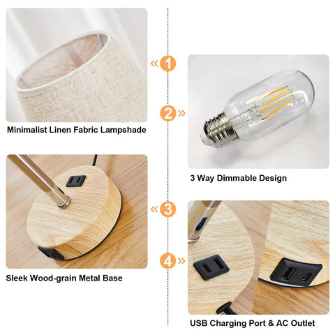 Touch Table Lamps Set Of 2 With USB A And C Ports And 2-Prong Outlet 3-Way Dimmable Bedside Nightstand Lamps In Linen Fabric Shade details