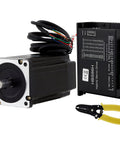 1 Stepper Servo Motor with Closed Loop Control next to black HBS86H drive and yellow wire stripper, ultra smooth operation, black.