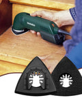 Two Pack Three One Eighth Inch Oscillating Tool Sanding Pad And Fifty Triangular Sanding Pads Set in use on wooden stairs