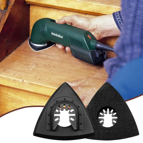 Two Pack Three One Eighth Inch Oscillating Tool Sanding Pad And Fifty Triangular Sanding Pads Set in use on wooden stairs
