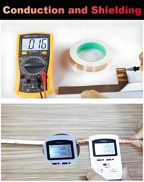 Conductive copper foil tape 1/2 in × 50 ft for EMI/RFI shielding; Victor meter with tape roll, two Taihua meters.