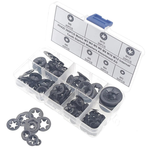 Industrial Starlock Push On Washers Assortment Kit 285 Pieces With External Push Rings and Speed Clips in open box