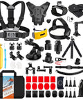 70in1 Action Camera Accessories Kit with mounts, selfie stick, suction cup, case for GoPro, Hero Series, Insta360, DJI, AKASO.