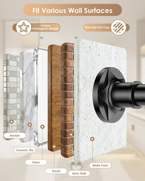 Matte Black Extra Long Tension Shower Curtain Rod 30 To 122 Inches 1.1 Inch Diameter with non-slip end cap on various surfaces