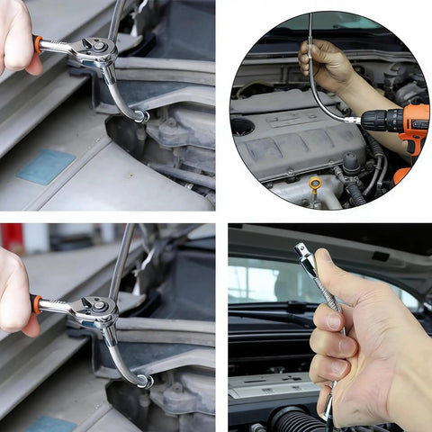 Reach Tight Auto Spots With A 360 Degree Bendable Flexible Extension Set For 3 Eighths, 1 Quarter, And 1 Half Inch Drive Wrenches Universal Wrench Sleeve Rods High Torque Spring Steel For Impact Wrench And Automotive Repair in use with ratchet and drill in car engine bay.