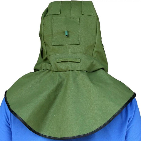 Rear view of Sand Blasting Hood Cap With Canvas Shawl Protective Gear Mask Anti Dust Hood For Spraying Sanding Cutting And DIY Painting