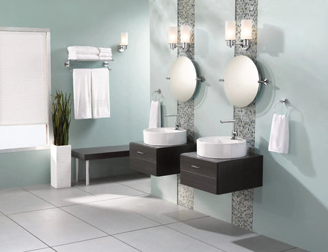 Two Light Dual Mount Vanity Fixture In Chrome Finish With Frosted Glass Shades Sleek Up Or Down Mounting For Bath Or Powder Room Uses Up To 100 Watt Bulbs Easy Install Modern Reflective Lighting Solution above vanities.