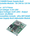 Close-up of Six Pack MP1584EN Buck Converter Modules Kit for DIY Electronics, green circuit board, adjustable power supply