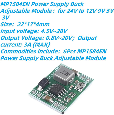 Close-up of Six Pack MP1584EN Buck Converter Modules Kit for DIY Electronics, green circuit board, adjustable power supply