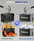 Comparison of Mehrpow Metal Case vs. ABS Case for battery protection against fire and physical damage.