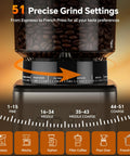Hardcore Conical Burr Coffee Grinder With 51 Precise Settings showcasing grind settings for various coffee styles.
