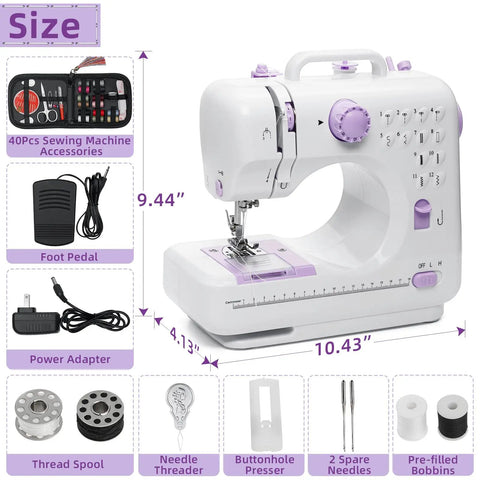 No Fuss Pocket Rocket Mini Sewing Machine With Foot Pedal And Night Light showcases its features and size, perfect for beginners.