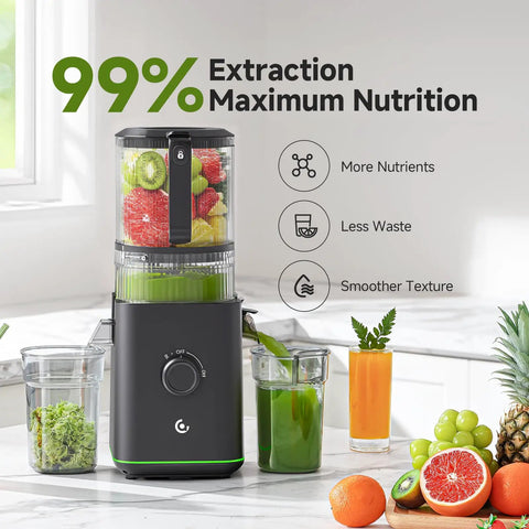 Top Rated 3-In-1 Cold Press Juicer For Juice, Nut Milk And Sorbet, 6.5 inch feed with fresh fruits in a sleek design.