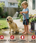 A child washing a dog using a Nano 3 Portable Propane Water Heater With Pump Kit For Camping And RVs Ultra Compact And Lightweight.