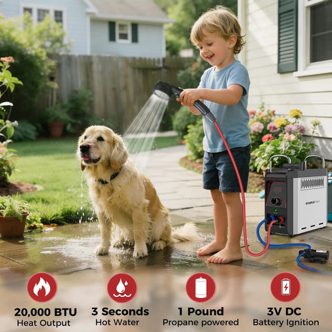 A child washing a dog using a Nano 3 Portable Propane Water Heater With Pump Kit For Camping And RVs Ultra Compact And Lightweight.