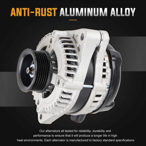 130 Amp High Output Alternator For 2008 2014 Honda Odyssey Pilot Ridgeline Acura TL TSX MDX ZDX RL 3.5L 3.7L Replaces 11391 AL1311X 1042105920 Ready To Install Plug And Play, front view aluminum alloy